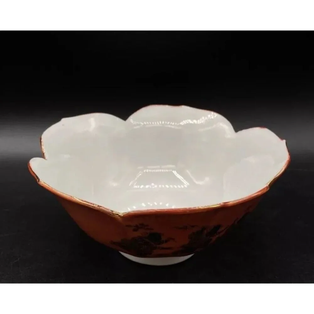 Kutani Jiutao Hand Painted Bamboo Playing Asian Boys Scene Porcelain Lotus Bowl